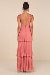 Luxe Perfection Rusty Rose Pleated Tiered Backless Maxi Dress