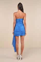 Exceptional Beauty Blue Ruched Strapless Bodycon Mini Dress