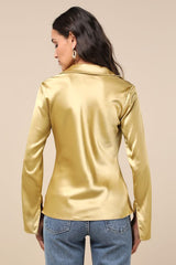Coveted Aesthetic Gold Tie-Front Long Sleeve Collared Top