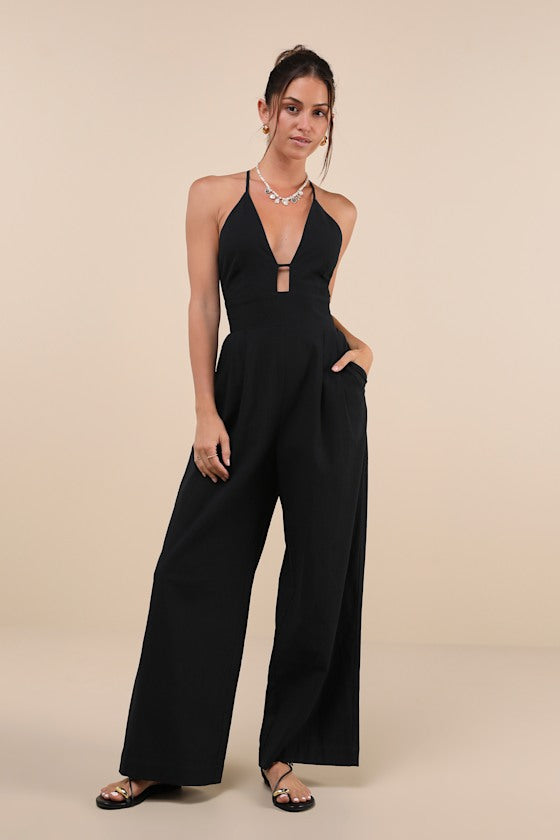 Covetable Vibe Black Linen Lace-Up Backless Wide-Leg Jumpsuit