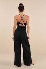 Covetable Vibe Black Linen Lace-Up Backless Wide-Leg Jumpsuit
