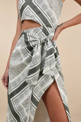 Vacay Beauty Olive Scarf Print One-Shoulder Tie-Strap Midi Dress