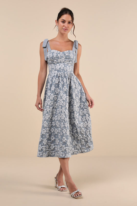 Bubbly Bliss Slate Blue Jacquard Bustier Tie-Strap Midi Dress