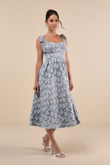 Bubbly Bliss Slate Blue Jacquard Bustier Tie-Strap Midi Dress