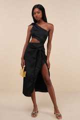 Vacay Beauty Black One-Shoulder Tie-Strap Midi Dress
