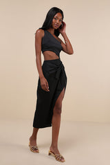 Vacay Beauty Black One-Shoulder Tie-Strap Midi Dress
