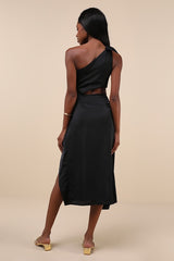 Vacay Beauty Black One-Shoulder Tie-Strap Midi Dress