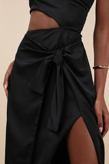 Vacay Beauty Black One-Shoulder Tie-Strap Midi Dress