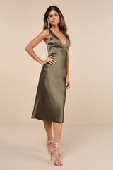 Unmatched Elegance Olive Satin Sleeveless Midi Dress