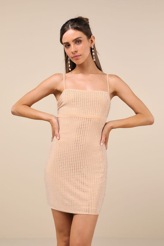 Glamorous Take Beige Rhinestone Lace-Up Bodycon Mini Dress