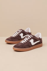Notice Dark Brown Suede Leather Color Block Lace-Up Sneakers