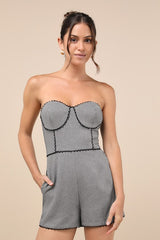 Sophisticated Attitude Grey Houndstooth Strapless Bustier Romper