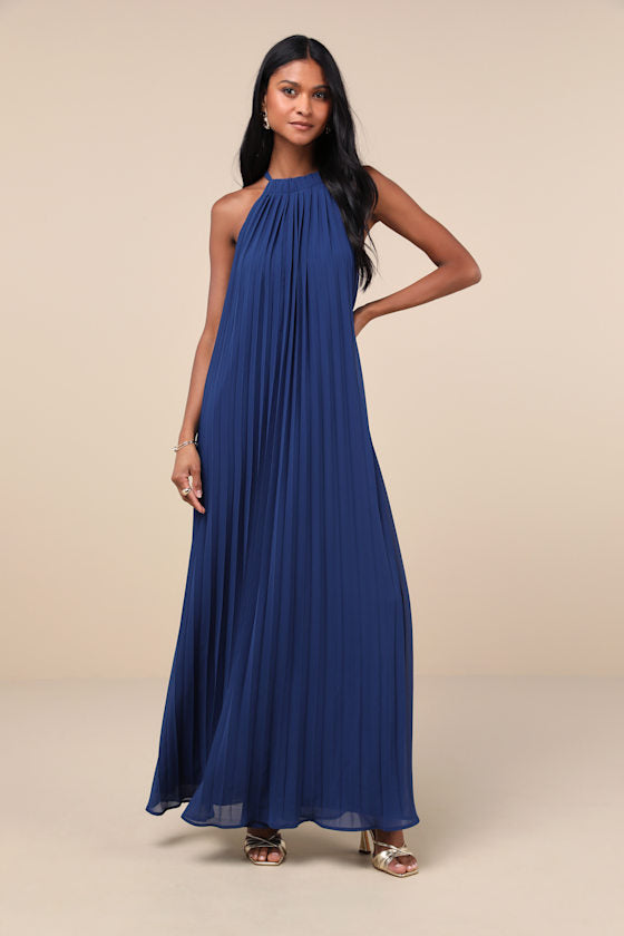 Exceptionally Elegant Blue Pleated Chiffon Maxi Dress
