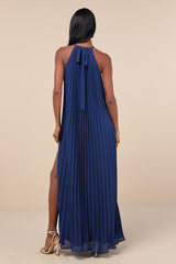 Exceptionally Elegant Blue Pleated Chiffon Maxi Dress