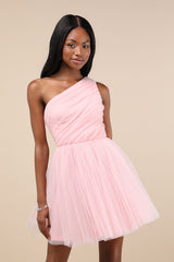 Exceptional Moments Light Pink Swiss Dot One-Shoulder Mini Dress