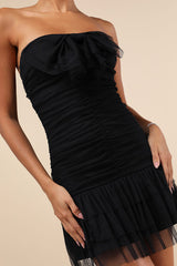 Picture-Perfect Persona Black Mesh Bow Ruched Mini Dress