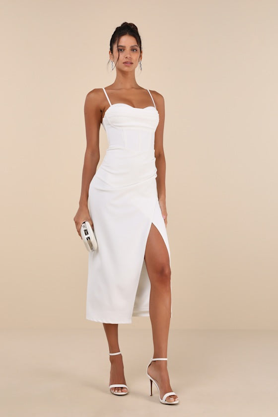 Always Turning Heads White Bustier Tulip Midi Dress