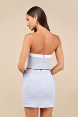 Trendsetting Flirt Light Blue Crinkled Strapless Bustier Bow Top
