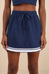 Sweet Score Navy Blue Ruffled Drawstring High-Rise Mini Skirt