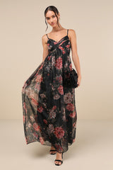 Truly Extraordinary Black Floral Organza Pleated Maxi Dress