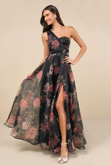 Truly Extraordinary Black Floral Organza One-Shoulder Maxi Dress