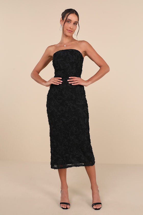 Flawless Perfection Black Floral Applique Strapless Midi Dress