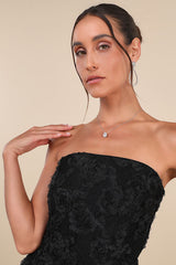 Flawless Perfection Black Floral Applique Strapless Midi Dress