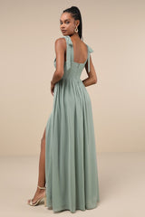 Radiant Charisma Sage Brush Chiffon Ruched Tie-Strap Maxi Dress