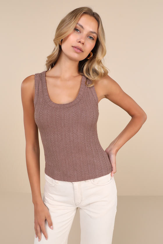 Conveniently Cute Brown Pointelle Knit Scoop Neck Tank Top