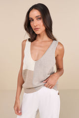 Modern Look Ivory and Grey Color Block Sweater Knit Tank Top