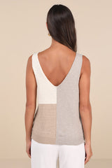Modern Look Ivory and Grey Color Block Sweater Knit Tank Top