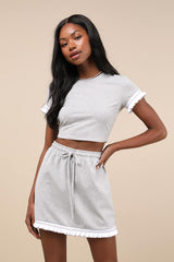 Sweet Score Heather Grey Ruffled Drawstring High-Rise Mini Skirt