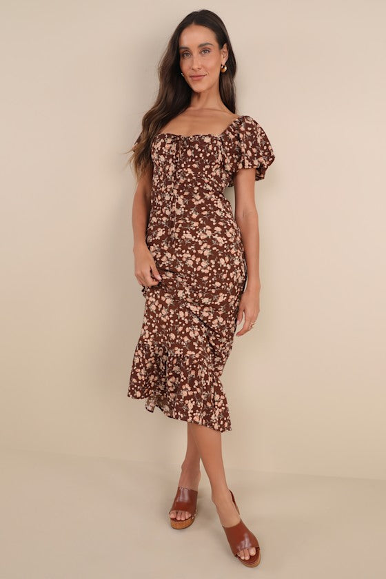 Remarkably Flourishing Brown Floral Puff Sleeve Midi Dress