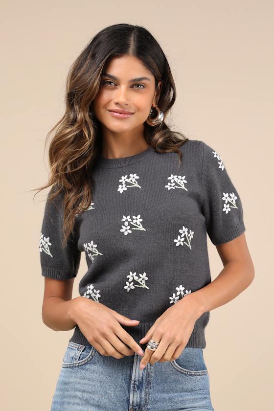 Sweet Fave Dark Grey Embroidered Short Sleeve Sweater Top