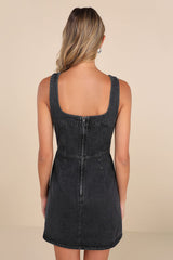 So Delighted Washed Black Denim Corset Seam Mini Dress