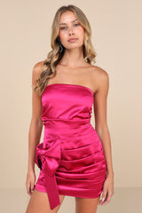 Major Event Fuchsia Satin Strapless Ruched Bow Mini Dress