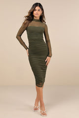 Impressive Flirt Olive Green Mesh Ruched Mock Neck Midi Dress