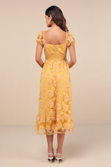 Notable Elegance Yellow Mesh Floral Applique Bustier Midi Dress