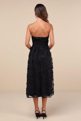 Quite Perfect Black Floral Embroidered Strapless Midi Dress