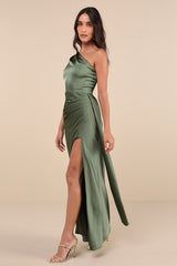 Signature Elegance Olive Green Satin One-Shoulder Maxi Dress