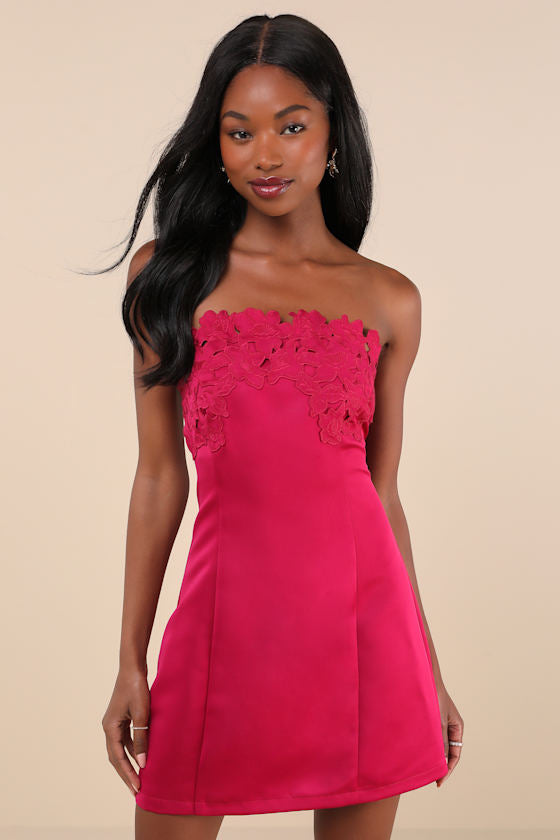 Unforgettable Icon Magenta Satin Strapless Floral Mini Dress