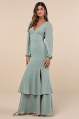 Tier Elegance Sage Brush Long Sleeve Tiered Maxi Dress