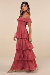 Always Remarkable Rusty Rose Pleated Off-the-Shoulder Maxi Dress