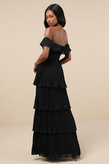 Always Remarkable Black Pleated Off-the-Shoulder Maxi Dress