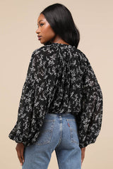 Season of Blooms Black Floral Print Balloon Sleeve Top