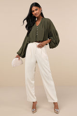 Season of Blooms Olive Green Balloon Sleeve Top