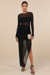 Alluring Silhouette Black Sheer Mesh Backless Maxi Dress