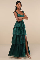 Stunning Glory Hunter Green Floral Jacquard Tiered Maxi Dress