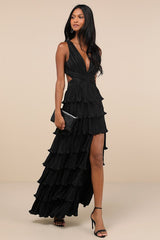 Beauty Icon Black Satin Pleated Tiered Lace-Up Maxi Dress