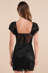 Seriously Cute Black Embroidered Mesh Puff Sleeve Mini Dress
